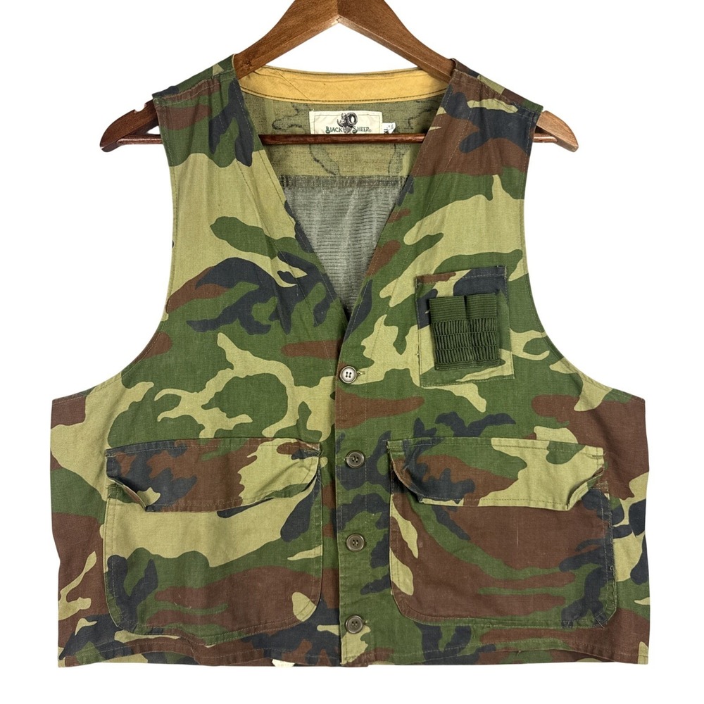 Vintage Black Sheep Hunting Vest Men XL Woodland Camo Mesh Back Duck Chest Shell